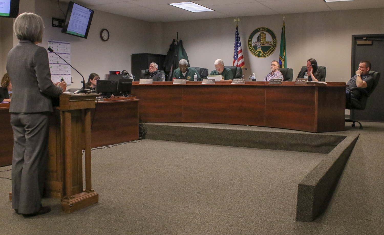 Chehalis City Finance Director Chun Saul explains the details of an amendment to the fiscal year 2022 budget to the city council during Monday night's regular meeting.